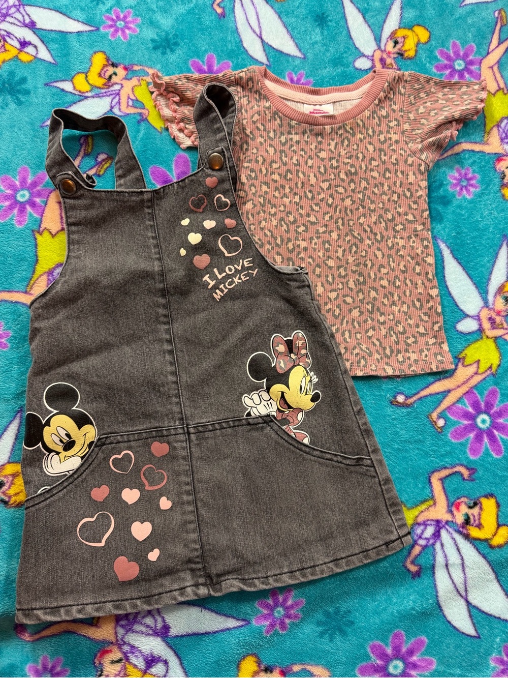 Disney Mickey Minnie Denim Jumper Dress Outfit Set Pink Leopard Shirt Toddler 2T